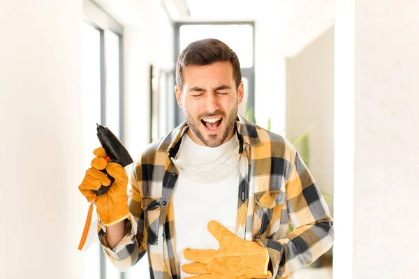 Handyman Laughing Out Loud Some Hilarious Joke Feeling Happy Cheerful — Stock Photo, Image