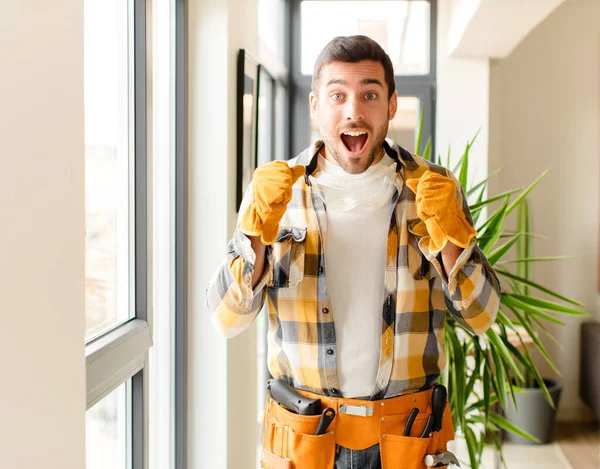 Handyman Feeling Shocked Excited Happy Laughing Celebrating Success Saying Wow — Stock Photo, Image