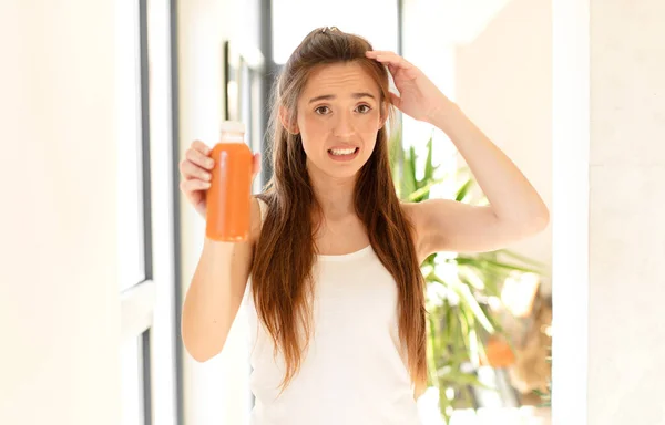 Pretty Woman Feeling Stressed Worried Anxious Scared Hands Head Panicking — Stock Photo, Image