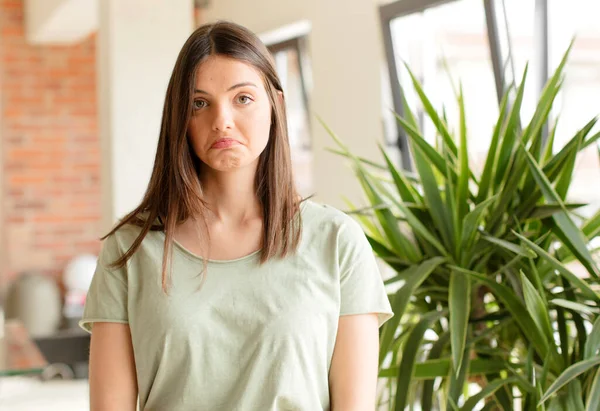 Pretty Woman Feeling Sad Stressed Upset Because Bad Surprise Negative — Stock Photo, Image