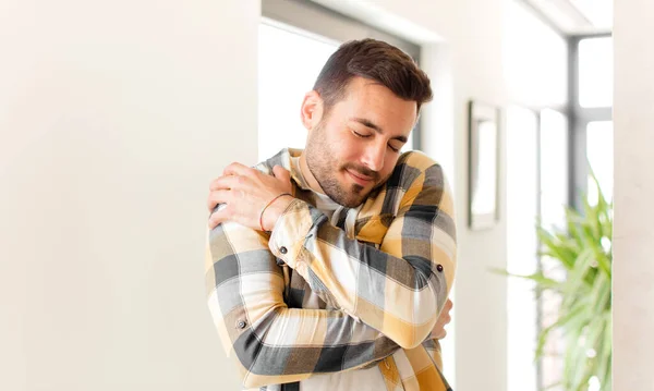 Handsome Man Feeling Love Smiling Cuddling Hugging Self Staying Single — Stock Photo, Image