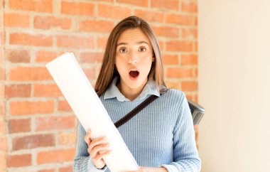 Güzel mimar çok şaşırmış ya da şaşırmış görünüyor, ağzı açık bir şekilde 