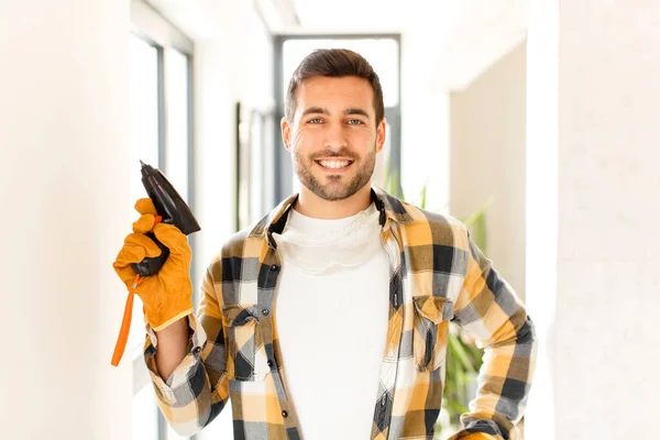 Handyman Smiling Happily Hand Hip Confident Positive Proud Friendly Attitude — Stock Photo, Image