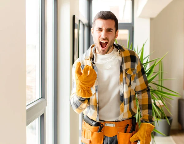 Handyman Looking Angry Annoyed Frustrated Screaming Wtf Whats Wrong You — Stock Photo, Image
