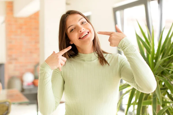 Pretty Woman Smiling Confidently Pointing Own Broad Smile Positive Relaxed — Stock Photo, Image