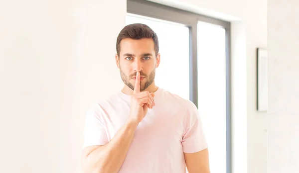 Handsome Man Looking Serious Cross Finger Pressed Lips Demanding Silence — Stock Photo, Image