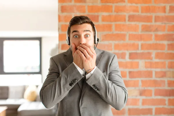 Handsome Telemarketer Covering Mouth Hands Shocked Surprised Expression Keeping Secret — Stock Photo, Image
