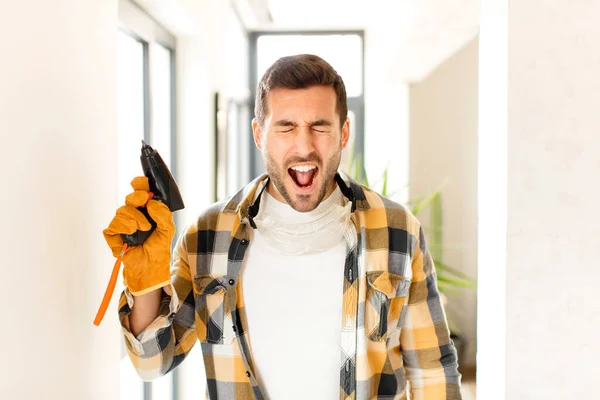 Handyman Shouting Aggressively Looking Very Angry Frustrated Outraged Annoyed Screaming — Stock Photo, Image