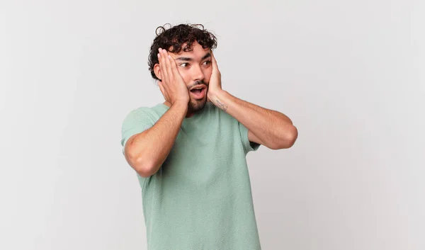 Hispanic Handsome Man Feeling Happy Excited Surprised Looking Side Both — Stock Photo, Image