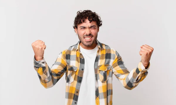 Hispanic Handsome Man Shouting Aggressively Angry Expression Fists Clenched Celebrating — Stock Photo, Image