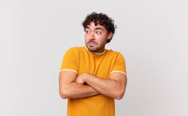 Hispanic Handsome Man Shrugging Feeling Confused Uncertain Doubting Arms Crossed — Stock Photo, Image