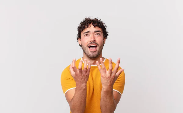 Hispanic Handsome Man Looking Desperate Frustrated Stressed Unhappy Annoyed Shouting — Stock Photo, Image