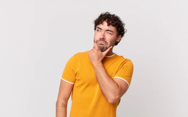 Hispanic Handsome Man Thinking Feeling Doubtful Confused Different Options Wondering — Stock Photo, Image