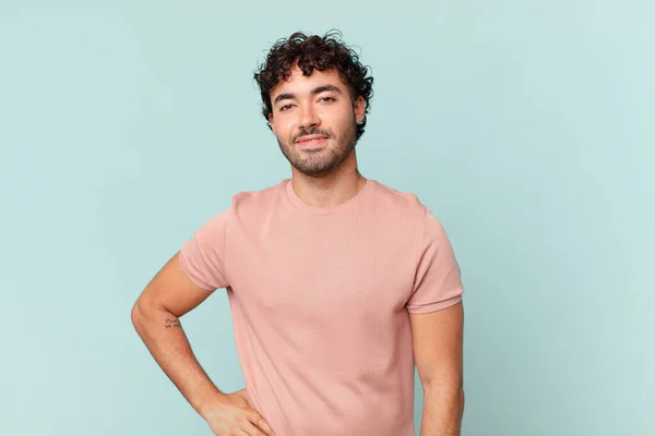 Hispanic Handsome Man Smiling Happily Hand Hip Confident Positive Proud — Stock Photo, Image