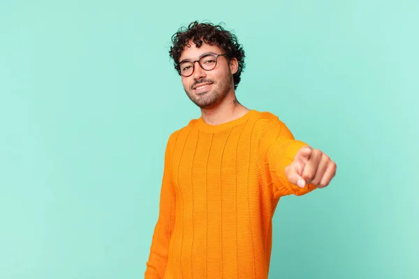 Hispanic Handsome Man Pointing Camera Satisfied Confident Friendly Smile Choosing — Stock Photo, Image