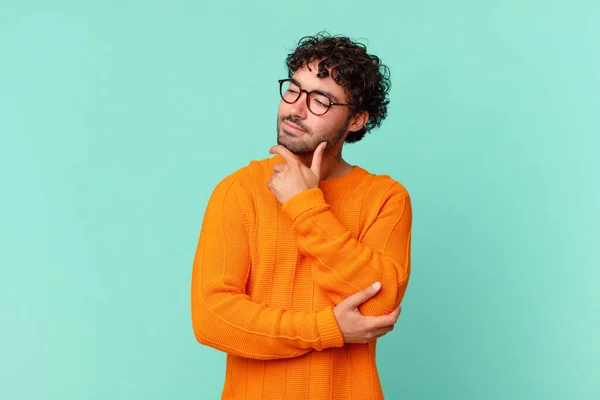 Hispanic Handsome Man Smiling Happy Confident Expression Hand Chin Wondering — Stock Photo, Image