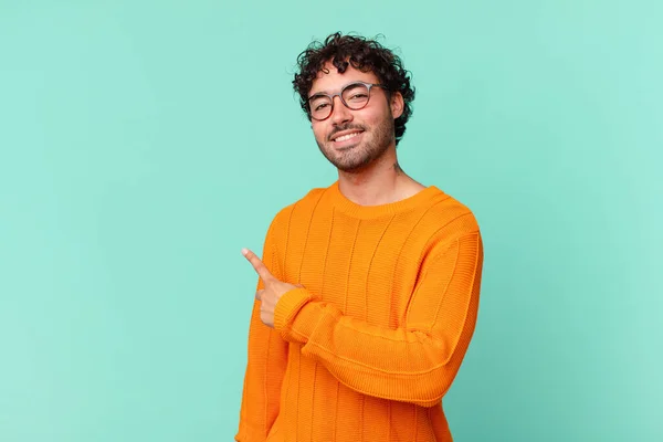 Hispanic Handsome Man Smiling Cheerfully Feeling Happy Pointing Side Upwards — Stock Photo, Image