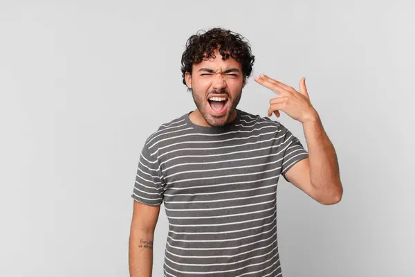 Hispanic Handsome Man Looking Unhappy Stressed Suicide Gesture Making Gun — Stock Photo, Image