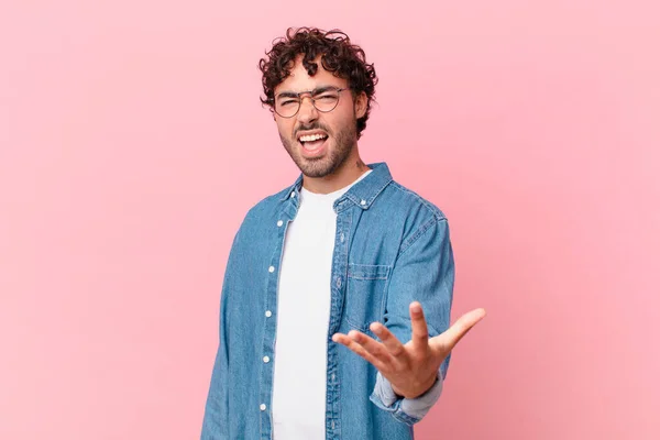 Hispanic Handsome Man Looking Angry Annoyed Frustrated Screaming Wtf Whats — Stock Photo, Image