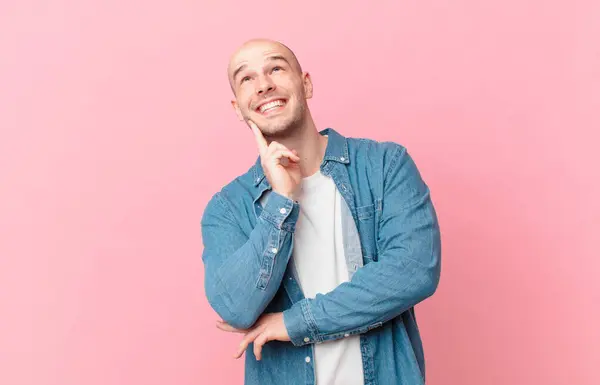 Bald Man Smiling Happily Daydreaming Doubting Looking Side — Stock Photo, Image