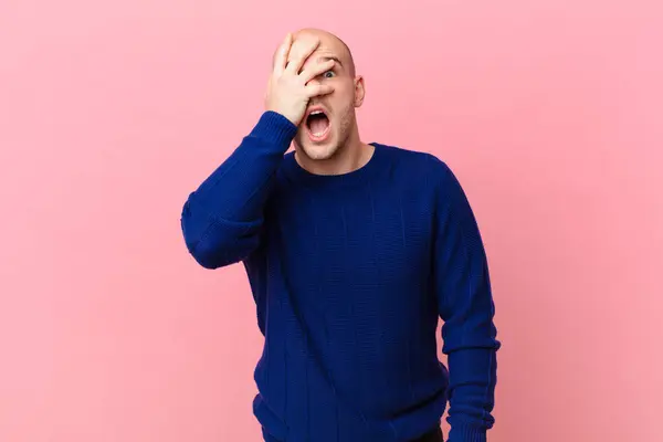 Bald Man Looking Shocked Scared Terrified Covering Face Hand Peeking — Stock Photo, Image