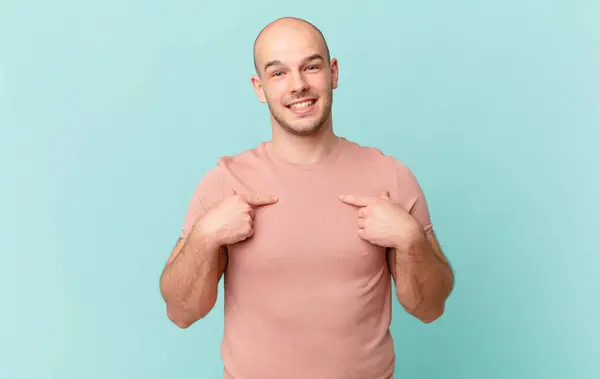 Bald Man Feeling Happy Surprised Proud Pointing Self Excited Amazed — Stock Photo, Image