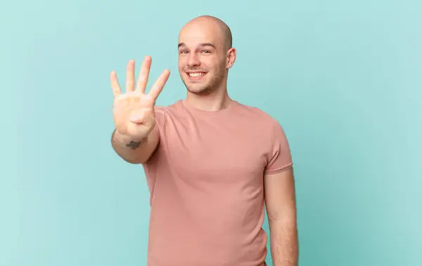 Bald Man Smiling Looking Friendly Showing Number Four Fourth Hand — Stock Photo, Image