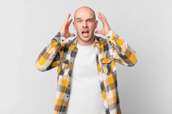 Bald Man Screaming Hands Air Feeling Furious Frustrated Stressed Upset — Stock Photo, Image