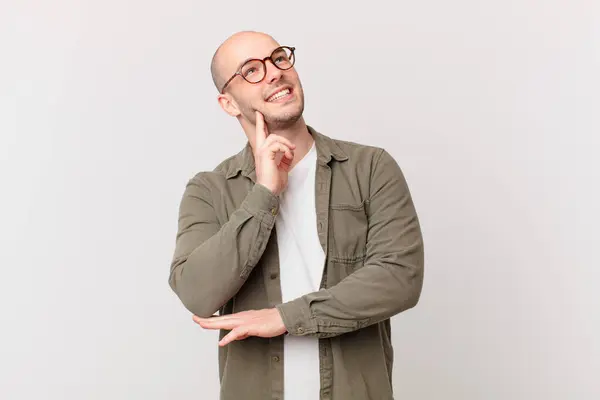 Bald Man Smiling Happily Daydreaming Doubting Looking Side — Stock Photo, Image