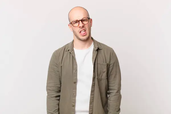 Bald Man Feeling Disgusted Irritated Sticking Tongue Out Disliking Something — Stock Photo, Image