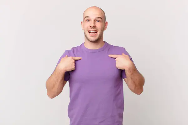 Bald Man Feeling Happy Surprised Proud Pointing Self Excited Amazed — Stock Photo, Image