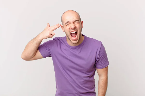 Bald Man Looking Unhappy Stressed Suicide Gesture Making Gun Sign — Stock Photo, Image