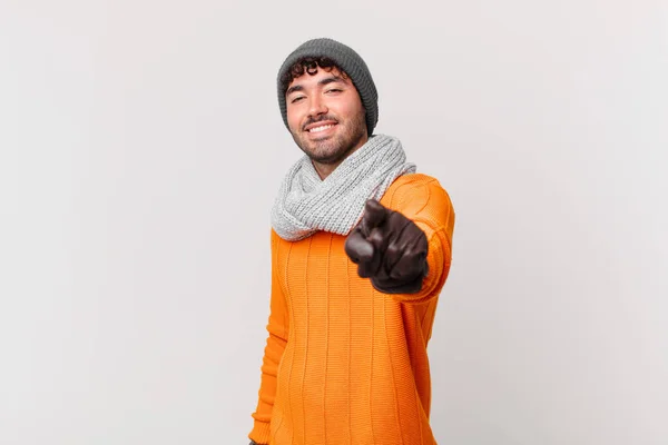 Hispanic Man Pointing Camera Satisfied Confident Friendly Smile Choosing You —  Fotos de Stock