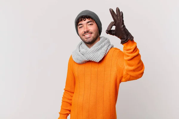 Hispanic Man Feeling Happy Relaxed Satisfied Showing Approval Okay Gesture — Stock Photo, Image