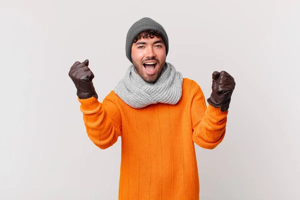 Hispanic Man Feeling Shocked Excited Happy Laughing Celebrating Success Saying — Foto de Stock