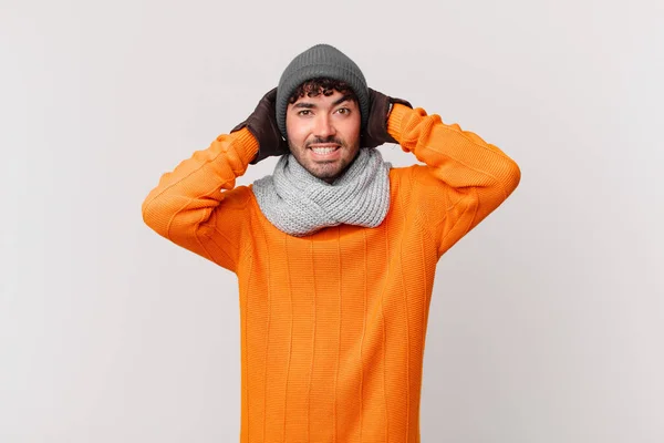 Hispanic Man Feeling Stressed Worried Anxious Scared Hands Head Panicking — Stock Photo, Image