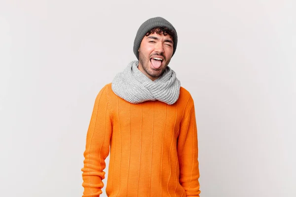 Hispanic Man Cheerful Carefree Rebellious Attitude Joking Sticking Tongue Out — Stock Photo, Image