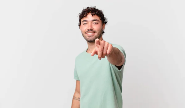 Hispanic Handsome Man Pointing Camera Satisfied Confident Friendly Smile Choosing — Stock Photo, Image