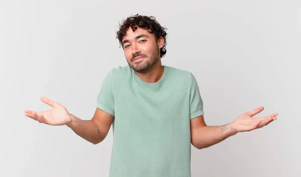 Hispanic Handsome Man Feeling Puzzled Confused Doubting Weighting Choosing Different — Stock Photo, Image