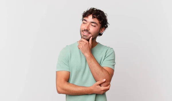 Hispanic Handsome Man Smiling Happy Confident Expression Hand Chin Wondering — Stock Photo, Image