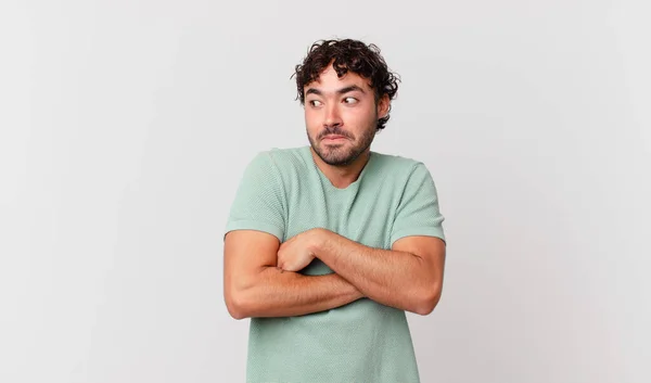 Hispanic Handsome Man Shrugging Feeling Confused Uncertain Doubting Arms Crossed — Stock Photo, Image