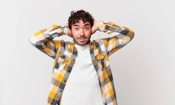 Hispanic Handsome Man Feeling Stressed Worried Anxious Scared Hands Head — Stock Photo, Image