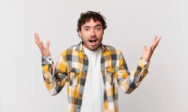 Hispanic Handsome Man Feeling Happy Excited Surprised Shocked Smiling Astonished — Stock Photo, Image