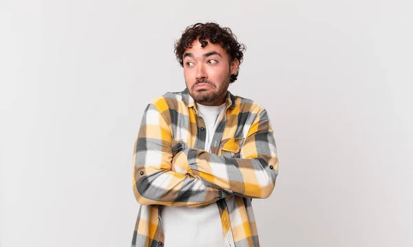 Hispanic Handsome Man Shrugging Feeling Confused Uncertain Doubting Arms Crossed — Stock Photo, Image