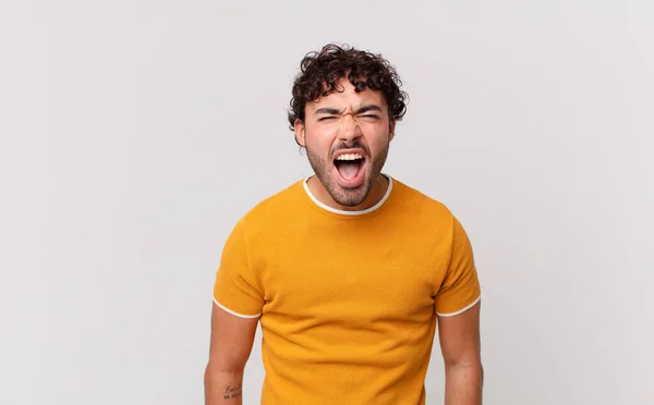 Hispanic Handsome Man Shouting Aggressively Looking Very Angry Frustrated Outraged — Stock Photo, Image