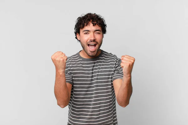 Hispanic Handsome Man Feeling Shocked Excited Happy Laughing Celebrating Success — Stock Photo, Image