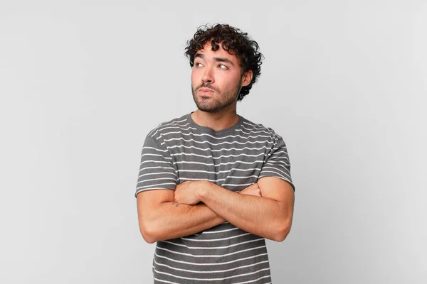 Hispanic Handsome Man Shrugging Feeling Confused Uncertain Doubting Arms Crossed — Stock Photo, Image