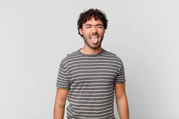 Hispanic Handsome Man Cheerful Carefree Rebellious Attitude Joking Sticking Tongue — Stock Photo, Image