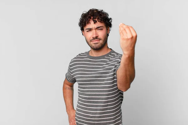 Hispânico Bonito Homem Fazendo Capice Dinheiro Gesto Dizendo Lhe Para — Fotografia de Stock