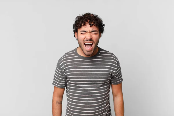 Hispanic Handsome Man Shouting Aggressively Looking Very Angry Frustrated Outraged — Stock Photo, Image